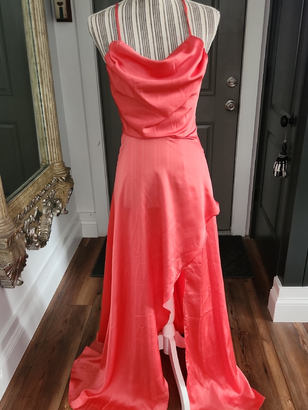 Luxxel Satin Coral Cowl Neck Evening Gown - S